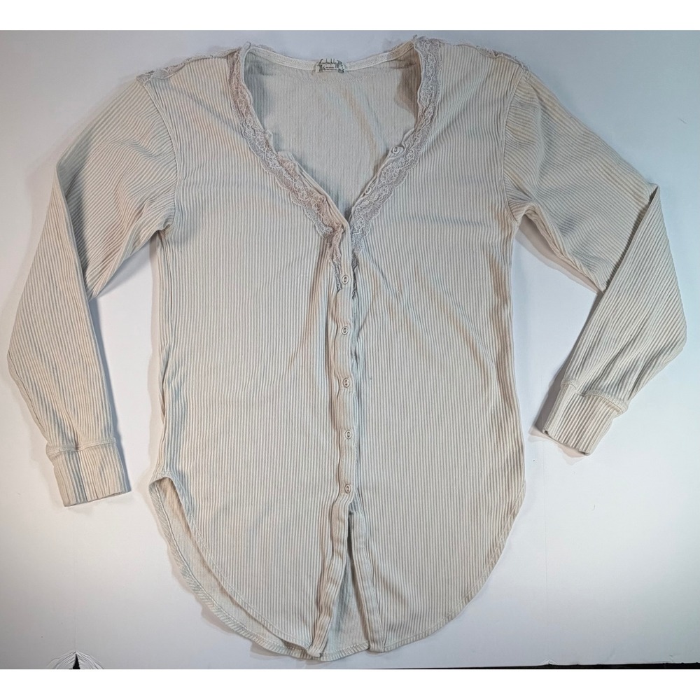 Intimately Free People Thermal Top Cream Lace Trim Ribbed Button Down Medium